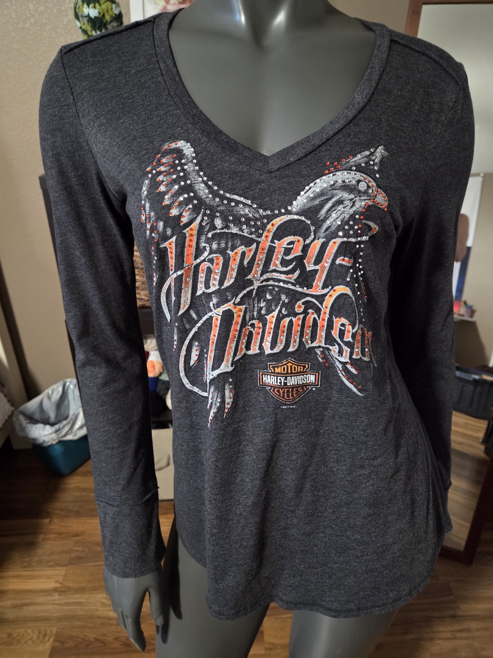 Harley-Davidson Charcoal Long Sleeve V-Neck Graphic Top with Orange Accents